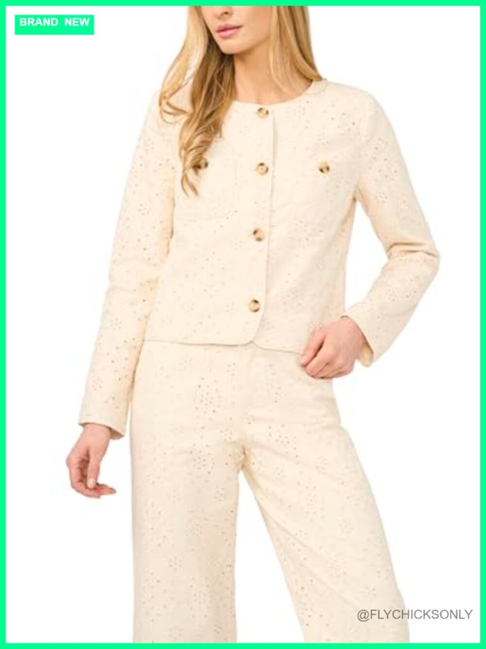 CeCe Denim Eyelet Chest Patch Pocket Jacket Button Contemporary
